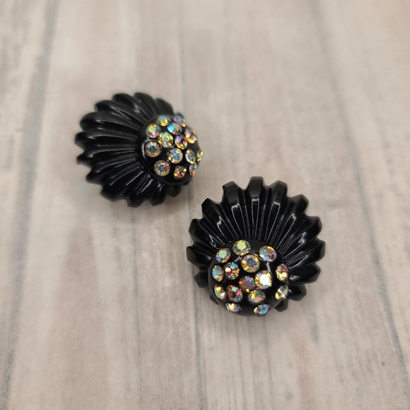 Black Lucite Carved Earrings with AB Crystals. Vintage Pinup Retro Goth - Picture 9 of 9